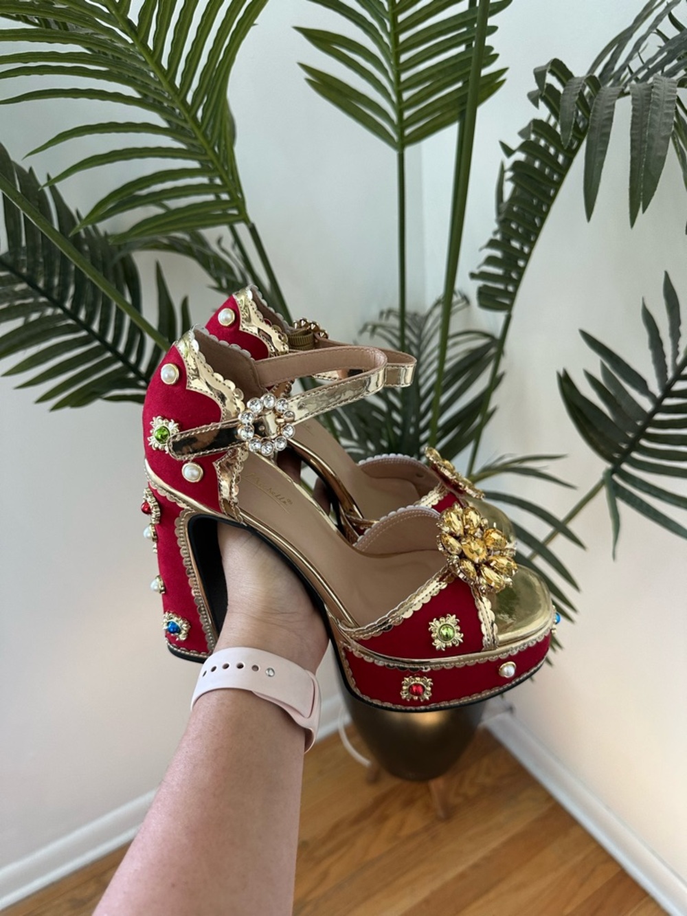 Women’s Red Embellished Platform Heels with Gold Accents